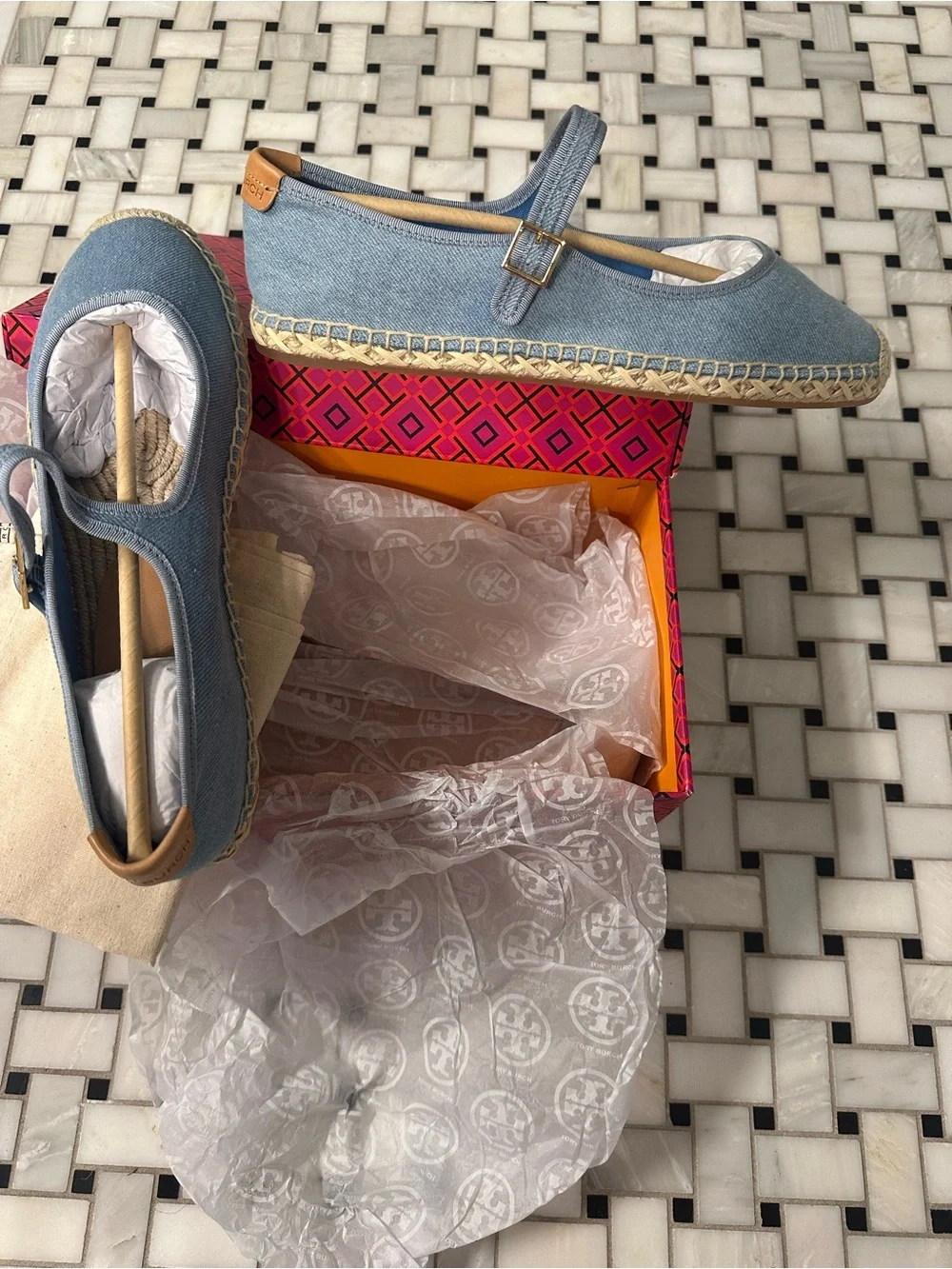 Tory Burch Denim Blue Espadrille Flats with Natural Jute Trim NWT